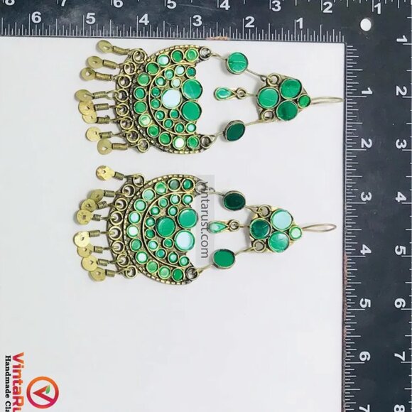 Green Glass Stone Kuchi Earrings: Tribal Tassel Dangle Jewelry - Picture 4 of 6